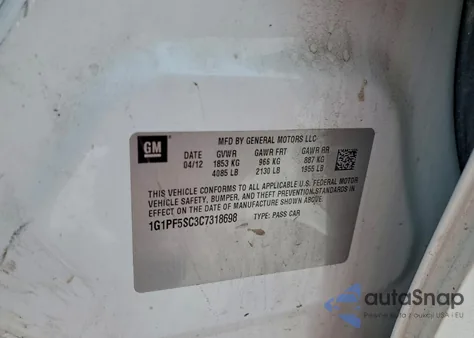 2012 Chevrolet Cruze Lt z USA, uszkodzony, nr VIN 1G1PF5SC3C7318698